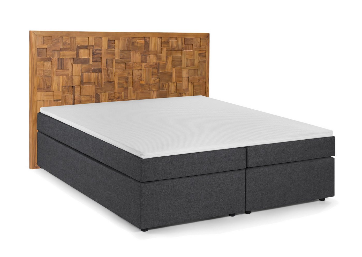 dynamic24 Boxspringbett, Boxspringbett mit Holz-Mosaik-Kopfteil Teak Grau von dynamic24