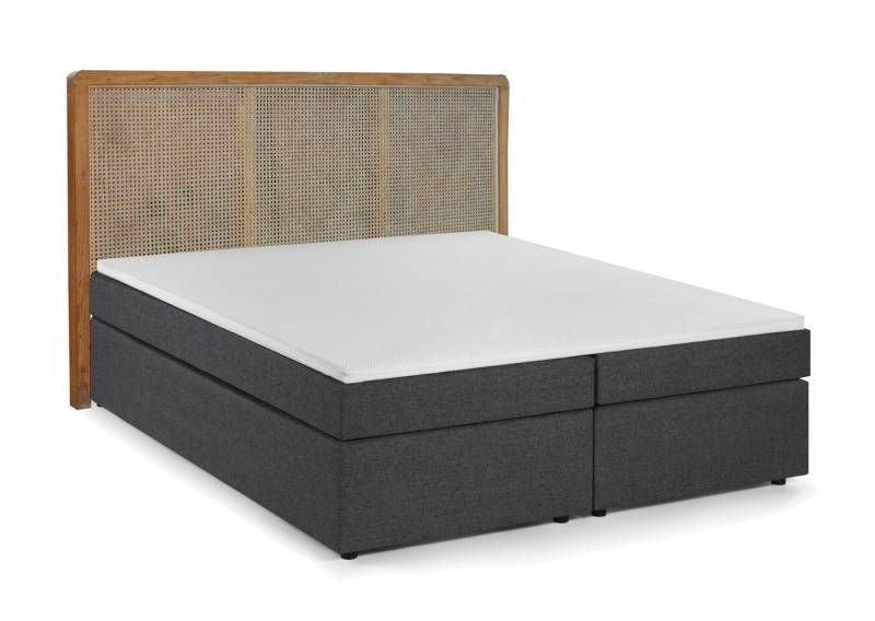 dynamic24 Boxspringbett, Boxspringbett mit Rattan-Kopfteil Teak Grau von dynamic24
