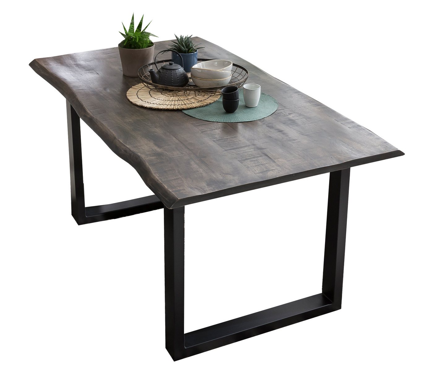 dynamic24 Esstisch, Tisch 160x85 cm Mango grau sägerau Gestell schwarz Mangoholz Grau von dynamic24