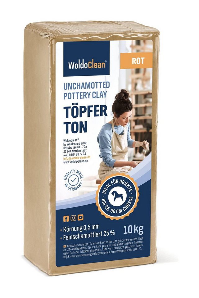 dynamic24 Modelliermasse Woldoclean, Tonmasse Töpferton 10kg rot lufttrocknend 0,5mm feinschamottiert von dynamic24