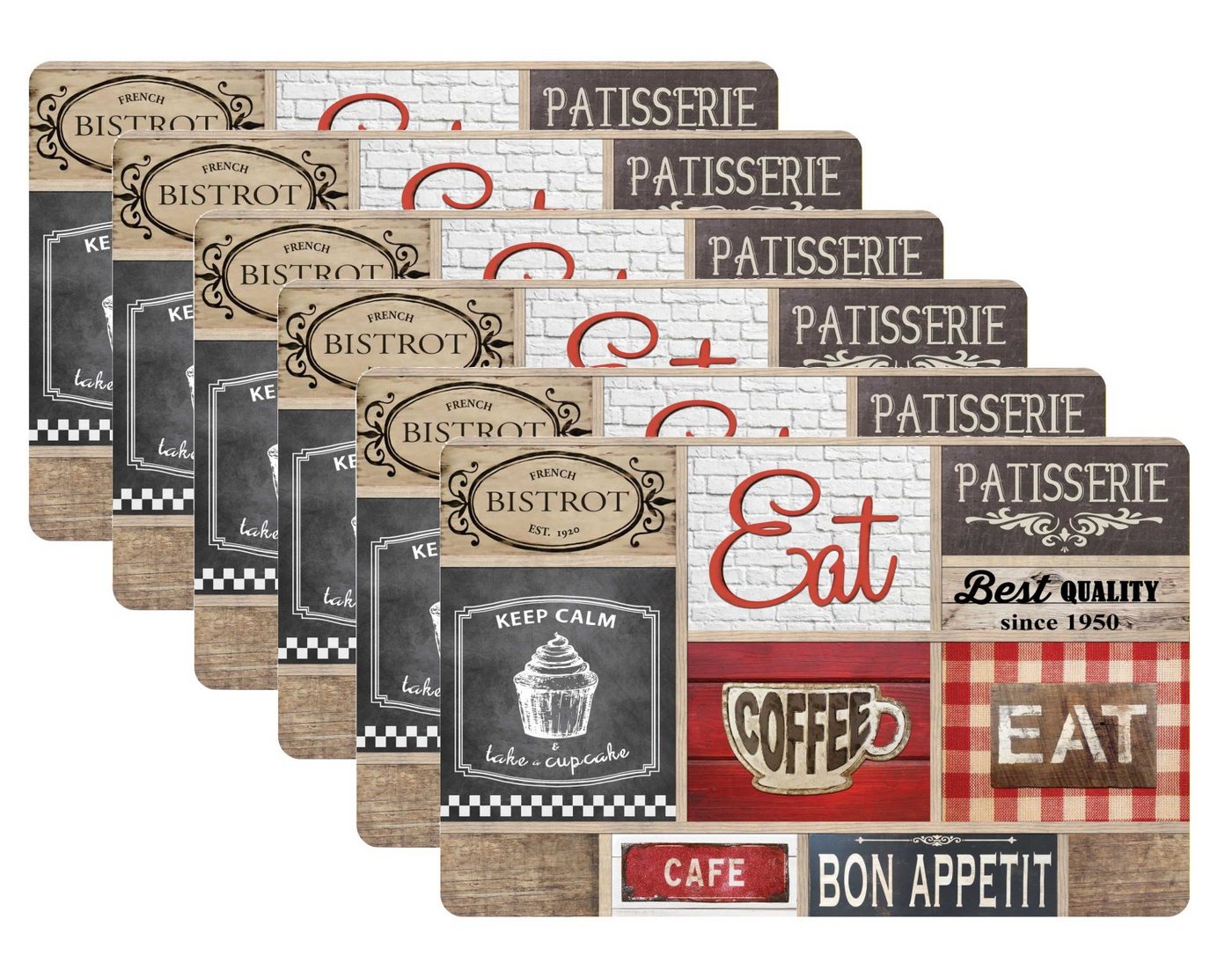 dynamic24 Platzset Coffee Shop, (6-St), Tischset Kunststoff Untersetzer Platzmatten abwaschbar von dynamic24