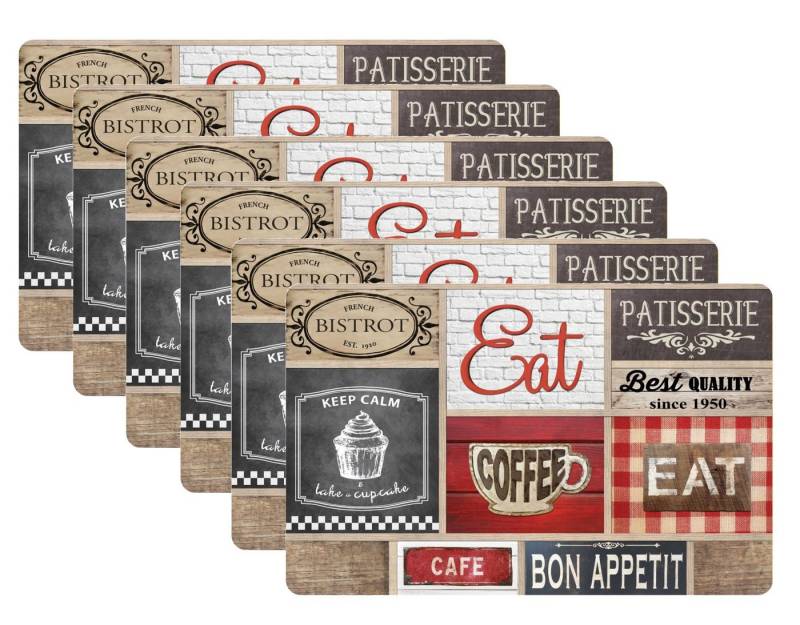 dynamic24 Platzset Coffee Shop, (6-St), Tischset Kunststoff Untersetzer Platzmatten abwaschbar von dynamic24