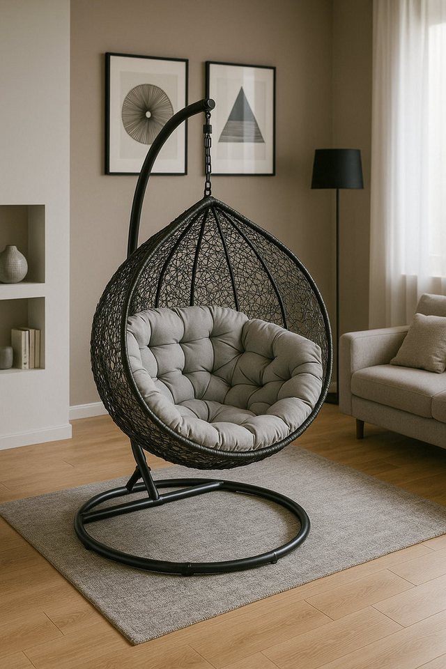 dynamic24 Schaukelsessel, Korb Hängesessel mit Gestell + Kissen Hängestuhl Lounge Hängekorb von dynamic24