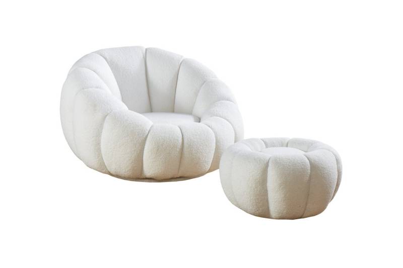 dynamic24 Sessel, Polstersessel und Hocker Set aus Teddyfell Weiß von dynamic24