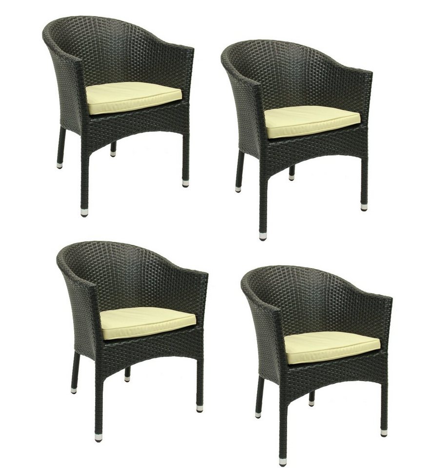 Konway Stapelstuhl LUGANO (4 St), 4x KONWAY® LUGANO Stapelsessel Schwarz Kissen Polyrattan Sessel Stühle von Konway