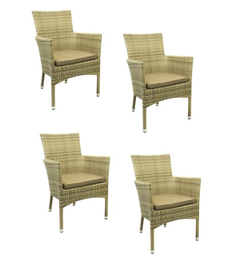 Konway Stapelstuhl MILANO (4 St), 4x KONWAY® MILANO Stapelsessel Elfenbein + Kissen Polyrattan Sessel von Konway