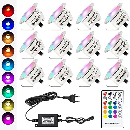 dystaval 12er RGB LED Bodeneinbauleuchten Aussen DC12V 0.8W Ø42mm LED Einbaustrahler mit Fernbedienung Dimmbar, IP67 Wasserdicht Terrassen Einbaustrahler Außen für Küche Garten Gehweg Holzbrücke von dystaval