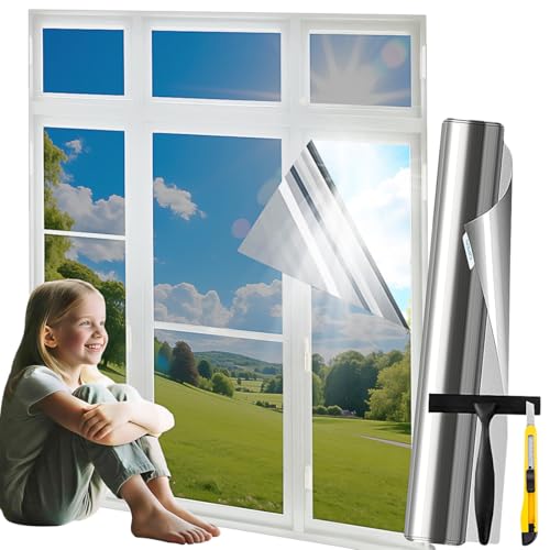 dzmelzu Fensterfolie Sonnenschutz Hitzeschutz Innen oder Außen Spiegelfolie Fenster Sichtschutz Selbstklebend Rückstandslose Sonnenschutzfolie (Silber, 105x200 (cm)) von dzmelzu