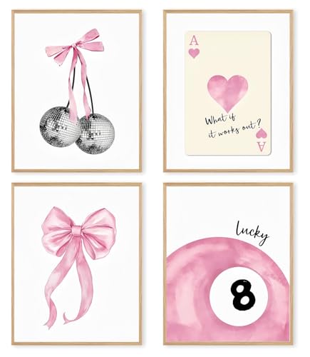 Set mit 4 rosa Kokette, trendige, adrette Wandkunstdrucke, Schleife und Kirsche, dekoratives Poster, niedliches College-Geschenk für Mädchen, Schlafzimmer, Schlafsaal, ohne Rahmen (50 x 70 cm) von dzxnouart