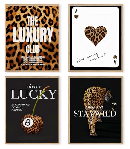 dzxnouart Funky Lucky Poster mit 8 Kugeln, trendiger Leopardenmuster, Leinwand, Wandkunst, schickes Leoparden-Ass-Karte, Gemälde für Mädchenzimmer, kein Rahmen, 21 x 30 cm, 4 Stück von dzxnouart