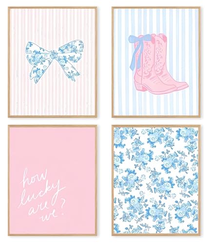 dzxnouart Wandkunstdruck, Motiv: pinke Cowgirl-Stiefel, blaues adrettes Poster, niedliche Schleifen, Wanddekoration für Zuhause, Mädchen, Schlafzimmer, Wohnung, kein Rahmen, 40 x 60 cm, 4 Stück von dzxnouart
