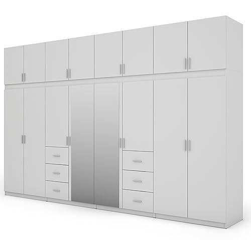 e-Meblast - 4-teilige Modulschrank - Zwei Spiegeln - Kleiderschrank - 380x240x57 cm - Aufsätzen - Schlafzimmer - Wohnzimmer - Garderobenschrank - Kleiderstangen - Geräumige Schubladen, Wardrobe - Weiß von e-Meblast