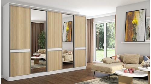 e-Meblast - 5-türiger Kleiderschrank - 340x244x66 cm - Schiebetüren - Schlafzimmer - Wohnzimmer - Garderobenschrank - Kleiderstangen - Schubladen - Silber (Mit Zwei Spiegeln, Weiß/Eiche Gaja LAMELE) von e-Meblast