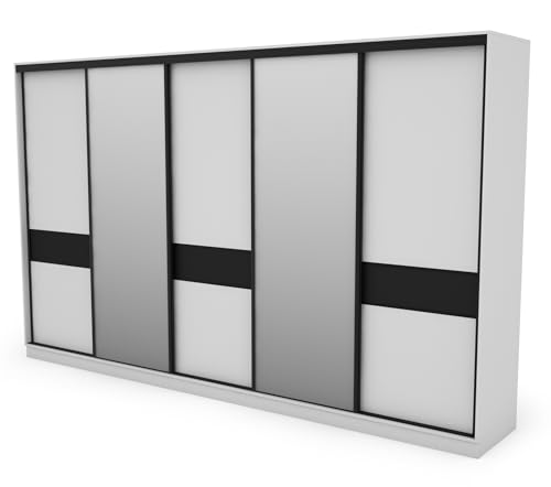 e-Meblast - 5-türiger Kleiderschrank - 360x244x65 cm - Schiebetüren - Schlafzimmer - Wohnzimmer - Garderobenschrank - Schwarze Beschläge (Mit Zwei Spiegeln, Weiß/Schwarz) von e-Meblast