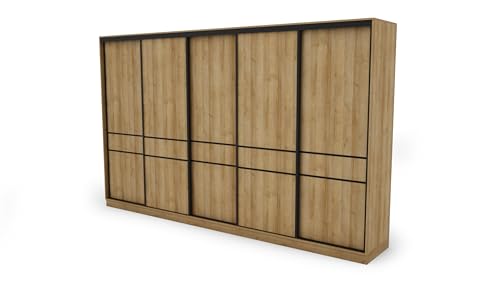 e-Meblast - 5-türiger Kleiderschrank - 360x244x65 cm - Schiebetüren - Schlafzimmer - Wohnzimmer - Garderobenschrank - Schwarze Beschläge (Ohne Spiegel, Eiche Riva) von e-Meblast