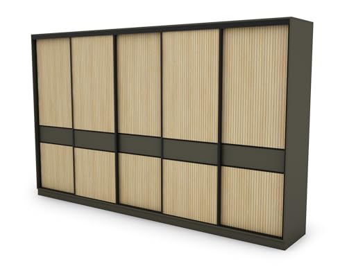 e-Meblast - 5-türiger Kleiderschrank - 360x244x65 cm - Schiebetüren - Schlafzimmer - Wohnzimmer - Garderobenschrank - Schwarze Beschläge (Ohne Spiegel, Graphitgrau/Eiche Gaja mit Lamellen) von e-Meblast
