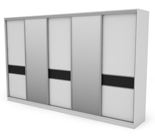 e-Meblast - 5-türiger Kleiderschrank - 360x244x65 cm - Schiebetüren - Schlafzimmer - Wohnzimmer - Garderobenschrank - Silberne Beschläge (Mit Zwei Spiegeln, Weiß/Schwarz) von e-Meblast