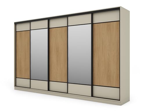 e-Meblast - 5-türiger Kleiderschrank - 400x244x64 cm - Schiebetüren - Schlafzimmer - Wohnzimmer - Garderobenschrank - Schwarze Beschläge (Mit Zwei Spiegeln, Kaschmirbeige/Eiche Casella) von e-Meblast