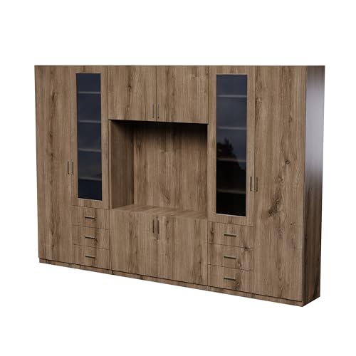 e-Meblast Livio - Moderne Wohnwand - 320x220x43 cm - Wohnwand - RTV-Schrank - Wohnzimmerschrank-Set - Ausbaufähig - Oberschränke - Regale - Schubladen (Eiche Carpenter Whisky) von e-Meblast
