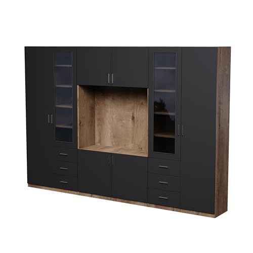 e-Meblast Livio - Moderne Wohnwand - 320x220x43 cm - Wohnwand - RTV-Schrank - Wohnzimmerschrank-Set - Ausbaufähig - Oberschränke - Regale - Schubladen (Eiche Lefkas/Onyx Schwarz) von e-Meblast