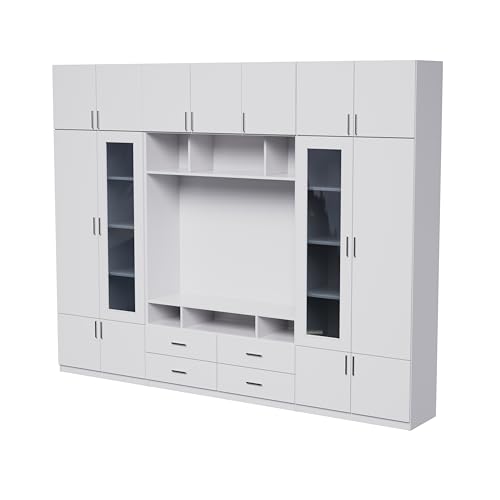 e-Meblast Vero - Moderne Wohnwand - 303,2x240x43 cm - Wohnwand - RTV-Schrank - Wohnzimmerschrank-Set - Ausbaufähig - Oberschränke - Regale - Schubladen (Weiß) von e-Meblast