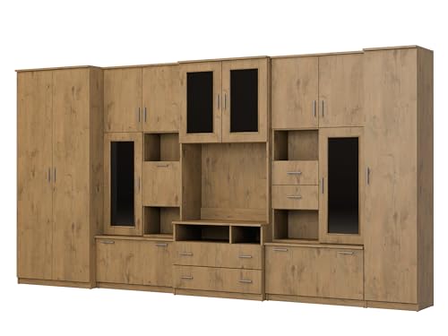 e-Meblast Wohnwand Lena - Schrankwand - Vitrinen - Hängeschrank - Wohnzimmer - Wohnzimmerschränke - BxHxT 405x210x53-5 Schränke - TV-Schränke (Lancelot Eiche) von e-Meblast