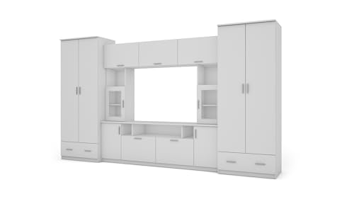 e-Meblast Wohnwand Tajga - Schrankwand - Vitrinen - Hängeschrank - Elegant Möbel - Wohnzimmerschränke - BxHxT 360x210x53-2 Schränke - TV-Lowboard - Anbauwand (Weiß) von e-Meblast