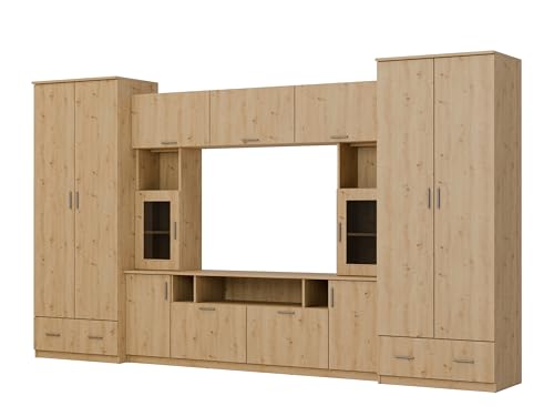 e-Meblast Wohnwand Tajga - Schrankwand - Vitrinen - Hängeschrank - Elegant Möbel - Wohnzimmerschränke - BxHxT 360x210x53-2 Schränke - TV-Lowboard - Anbauwand (Wildeiche) von e-Meblast