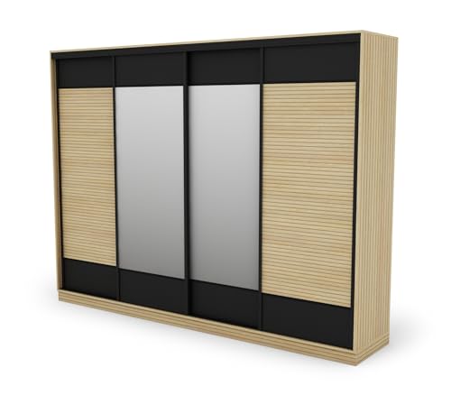 e-Meblast - viertüriger Kleiderschrank - 320x244x65cm - Schlafzimmer - Wohnzimmer - Garderobenschrank - Kleiderstangen - Schubladen - Einlegeböden (Mit Zwei Spiegeln, Schwarz/Eiche Gaja mit Lamellen) von e-Meblast