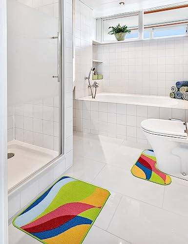 e-floor Badematten Set 2-teiliges Schutzmatten | Badteppich 50x70 + WC Vorleger 40x50 | Toilettenmatte Antirutsch Beschichte | Niederflorteppich Badvorleger Saugfähig| Waschbar Abstraktion Mehrfarbige von e-floor