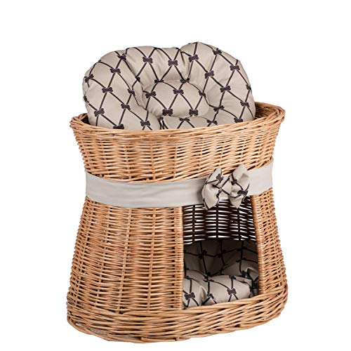 e-wicker24 Ovale Katzenhütte in Naturfarbe, Katzenkorb aus Weide, Korb für die Katze mit Zwei Etagen, Katzenlager mit Kissen, Katzenturm (Beige 1) von e-wicker24 Alles aus Weide