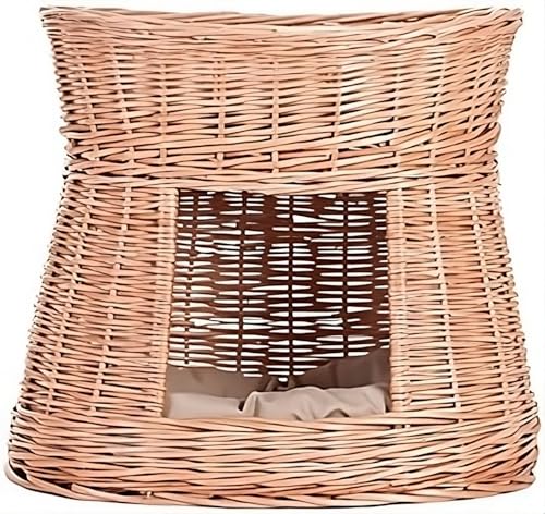 Ovale Katzenhütte in Naturfarbe, Katzenkorb aus Weide, Korb für die Katze mit Zwei Etagen, Katzenlager mit Kissen, Katzenturm (Beige 3) von e-wicker24 Alles aus Weide