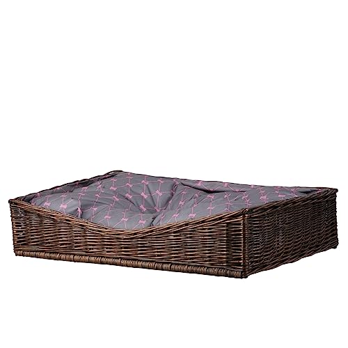 e-Wicker24 Weidenkorb für Hunde, rechteckig, gefüttert, mit schönem Kissen, grau, bedruckt mit kleinen Knochen, Rosa (braun_grau) von e-wicker24 Alles aus Weide