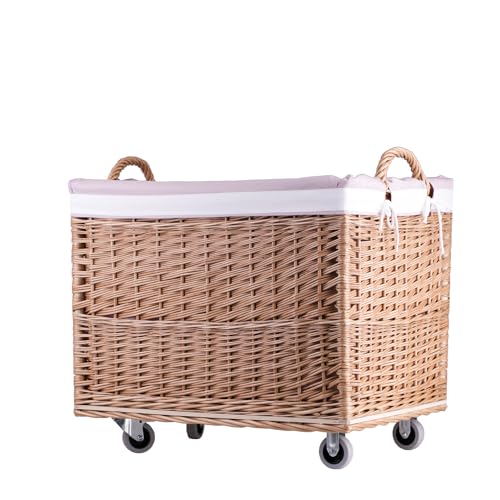 e-wicker24 Alles aus Weide Weidenkorb Aufbewahrungskorb rechteckiger Wäschekorb aus Weidengeflecht mit Rollen und Stoffeinsatz Kaminkorb Holzkorb (Natur_Rosa) von e-wicker24 Alles aus Weide