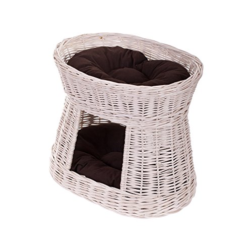 e-wicker24 Ovale Katzenhütte in Beige, Katzenkorb aus Weide, Korb für die Katze mit Zwei Etagen, Katzenlager mit Kissen, Katzenturm von e-wicker24 Alles aus Weide