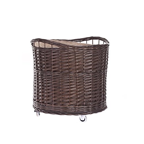 e-wicker24 Vollweidener Kaminkorb, rund, Rollkorb aus Weide, Rollkorb für Kaminholz, Rollkorb mit Jutebezug (Dunkelbraun) von e-wicker24