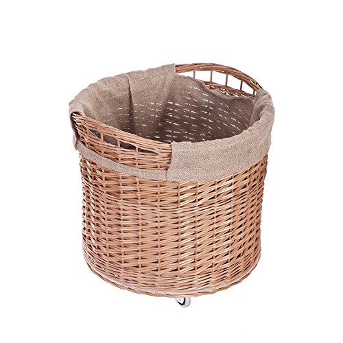 e-wicker24 Vollweidener Kaminkorb, rund, Rollkorb aus Weide, Rollkorb für Kaminholz, Rollkorb mit Jutebezug (Natur) von e-wicker24