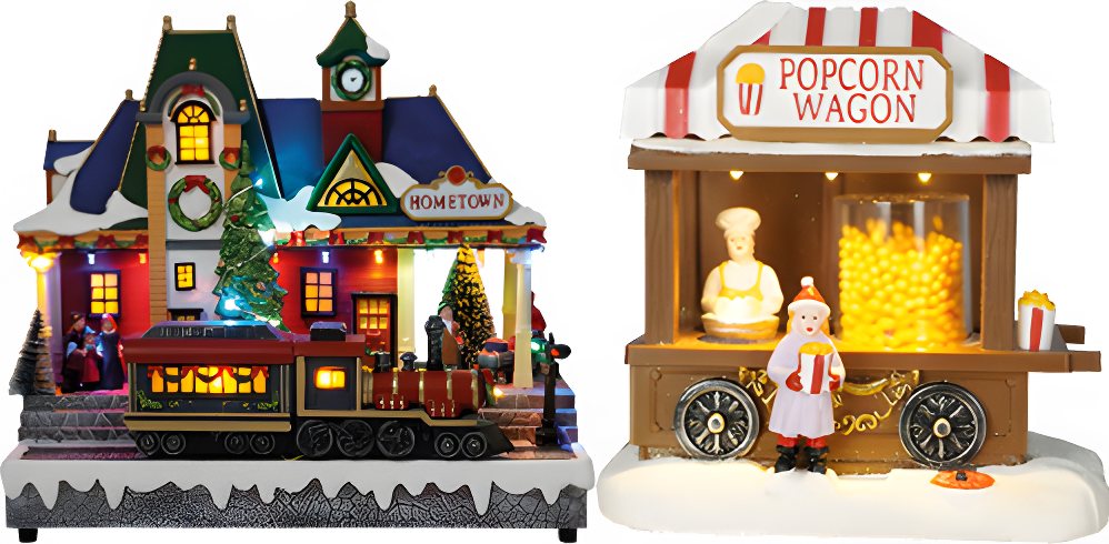 e4fun Dekofigur Weihnachtsdorf/-szene: Zug mit LED, Musik und fahrendem Zug (2 St) von e4fun