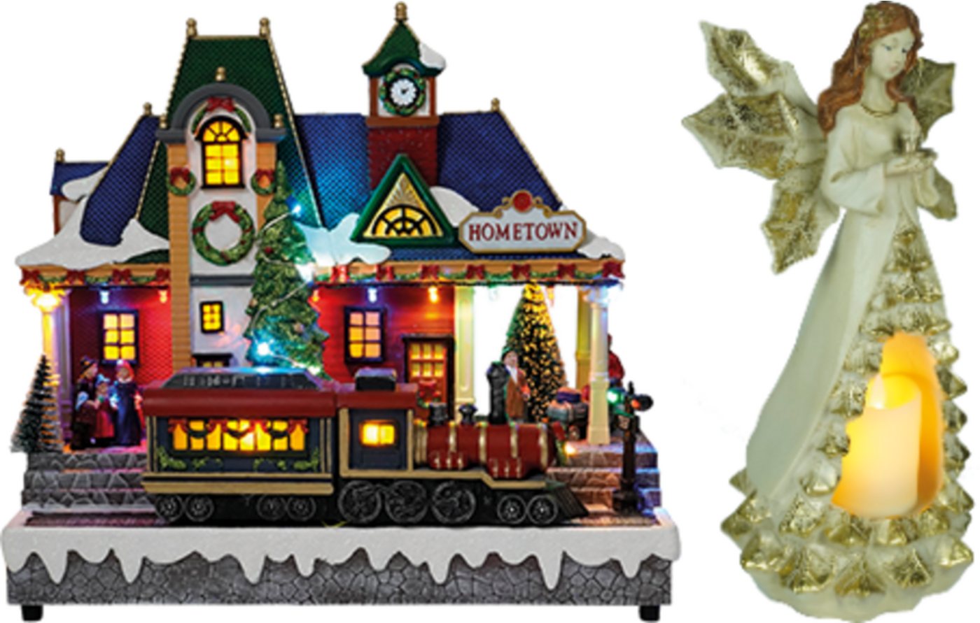 e4fun Dekofigur Weihnachtsdorf/-szene: Zug mit LED, Musik und fahrendem Zug (2 St) von e4fun