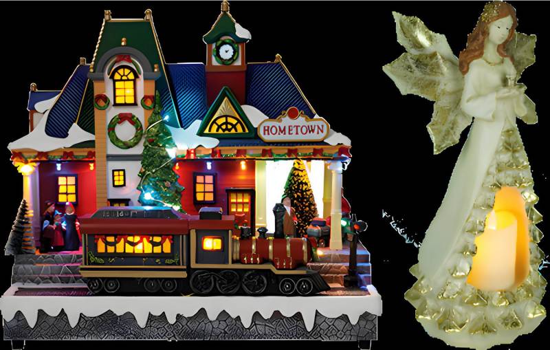 e4fun Dekofigur Weihnachtsdorf/-szene: Zug mit LED, Musik und fahrendem Zug (2 St) von e4fun