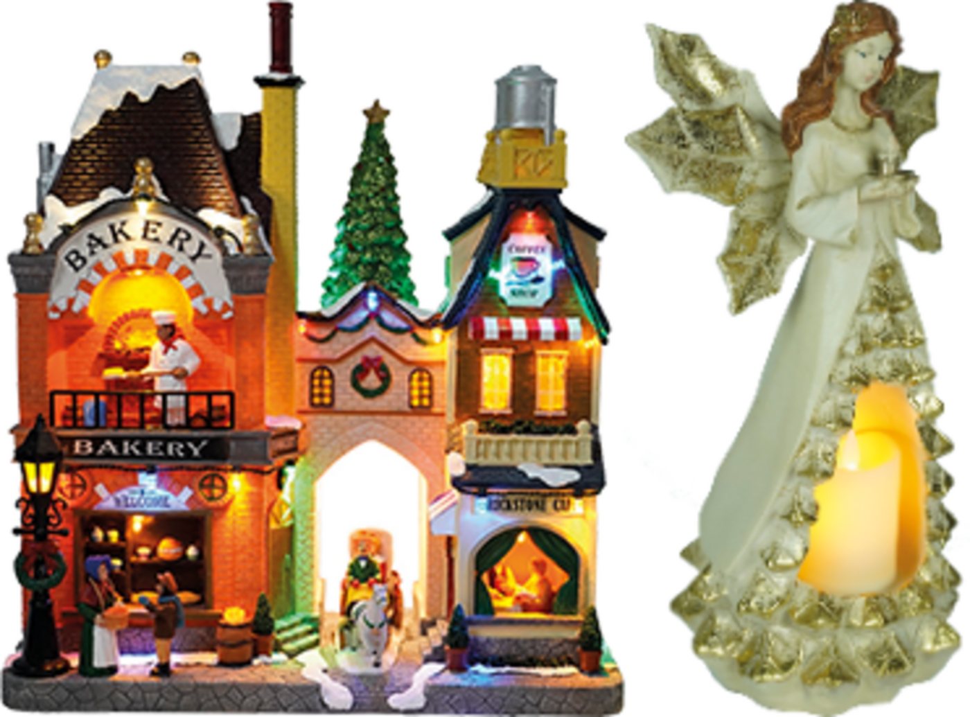 e4fun Dekofigur Weihnachtsdorf: Bakery mit LED, Musik, drehender Weihnachtsbaum (2 St) von e4fun