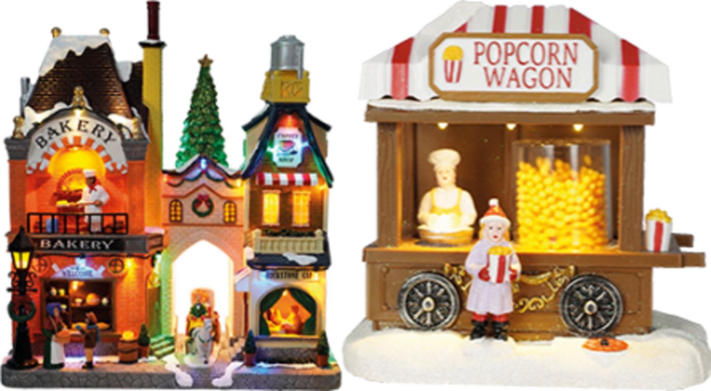 e4fun Dekofigur Weihnachtsdorf: Bakery mit LED, Musik, drehender Weihnachtsbaum (2 St) von e4fun