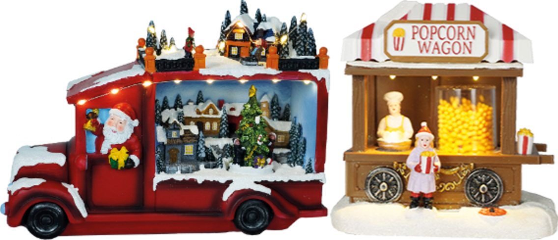 e4fun Dekofigur Weihnachtsdorf: Weihnachtsmann im LKW mit LED, Musik, drehendem Baum (2 St) von e4fun