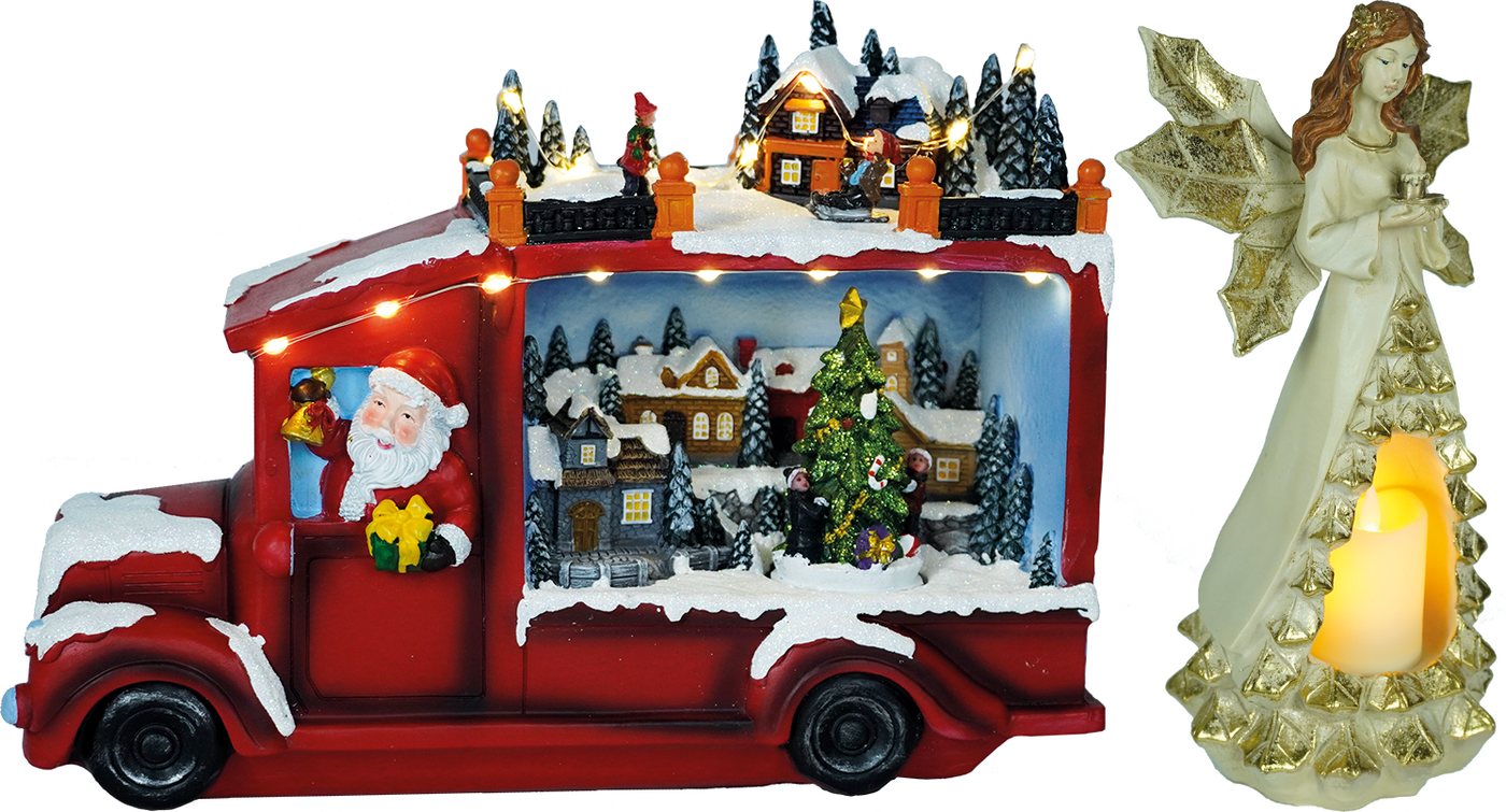 e4fun Dekofigur Weihnachtsdorf: Weihnachtsmann im LKW mit LED, Musik, drehendem Baum (2 St) von e4fun