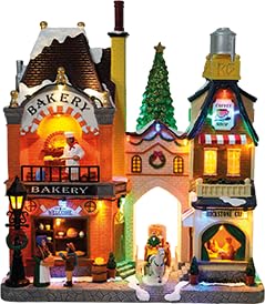e4fun Weihnachtsdorf/-Szene: Weihnachtsdorf Bakery mit LED Beleuchtung, Musik und Sich drehendem Weihnachtsbaum, inklusive Netzadapter von e4fun