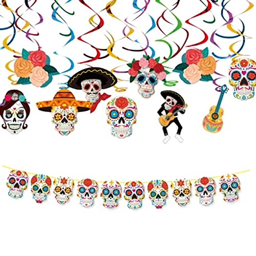 eBoutik - Halloween Tag der Toten Party Dekorationsset - Bunte Wirbel & Zuckerschädel-Wimpelkette - El Día de los Muertos Hängende & Deckendekorationen von eBoutik