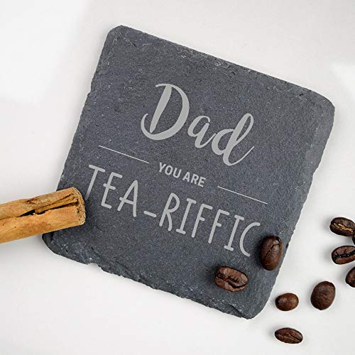 eBuyGB Engraved Drinks Coaster Schiefer-Untersetzer, Dad You Are Tea-Riffic, Vatertagsgeschenk, Geburtstagsgeschenk, Steingut von eBuyGB