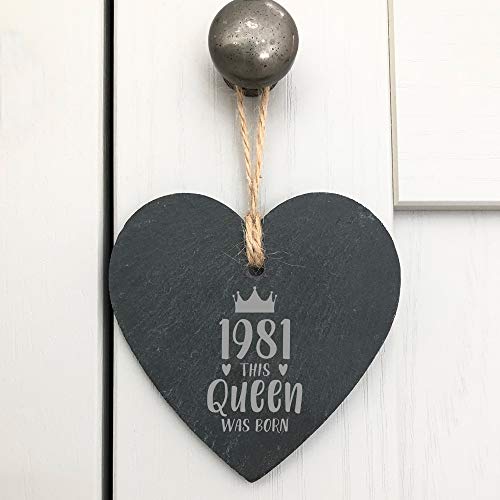 eBuyGB Gift for Mum 1981 This Queen was Born Hängende Herz-Dekoration, Schiefer, slate von eBuyGB