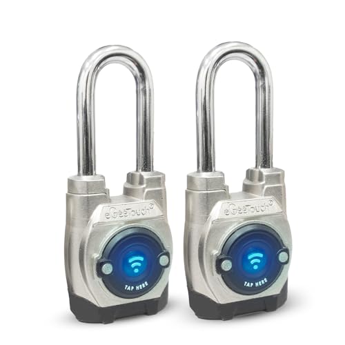 eGeeTouch 5th GEN Outdoor Smart Vorhängeschloss - (2 Stück, langer Bügel) schlüsselloses Bluetooth & NFC Schloss, wetterfeste Sicherheit für Tore, Schuppen und Fahrräder - Bequeme App-Steuerung & von eGeeTouch