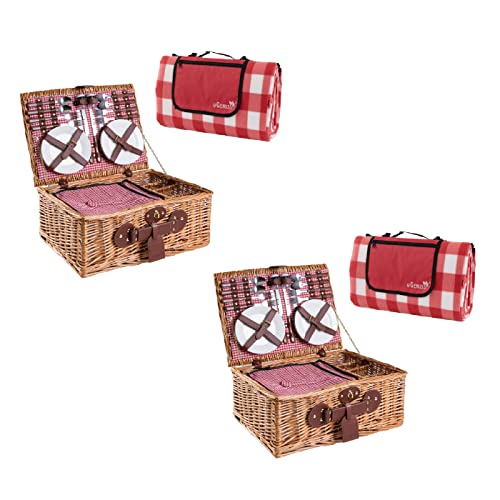 eGenuss 2er-Set Handgefertigtes Picknickkorb für 4 Personen mit Kühlfach und Zubehör + wasserdichte Picknickdecke | Rot von eGenuss